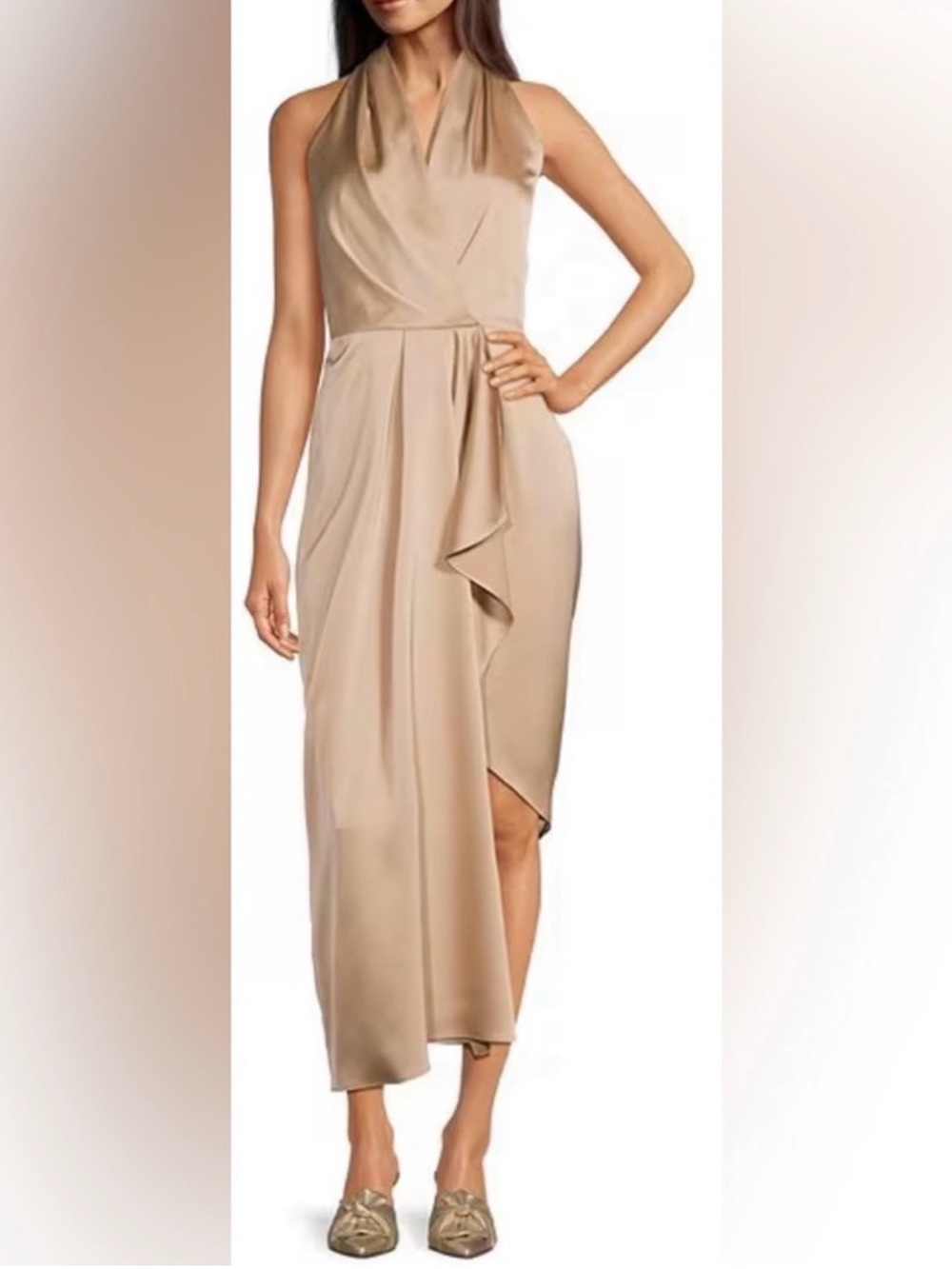 Alex Marie Hazel Surplice Asymmetrical Hem midi dress size 6 gold champagne